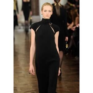 Ralph Lauren Collection Runway Black Midi Dress Cut Out Turtleneck Short Sleeve